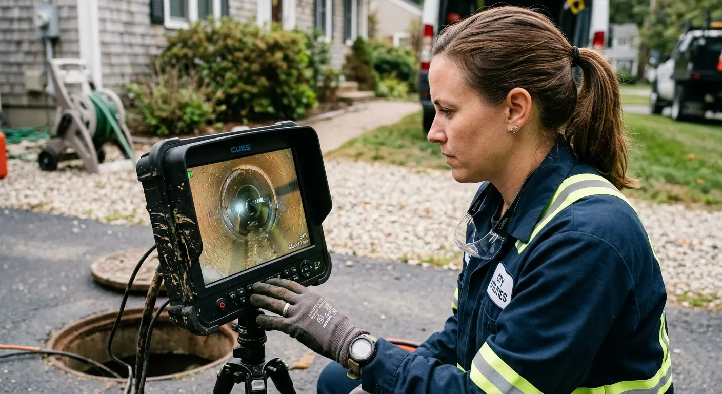 Technician reviewing sewer camera inspection footage in Painesville