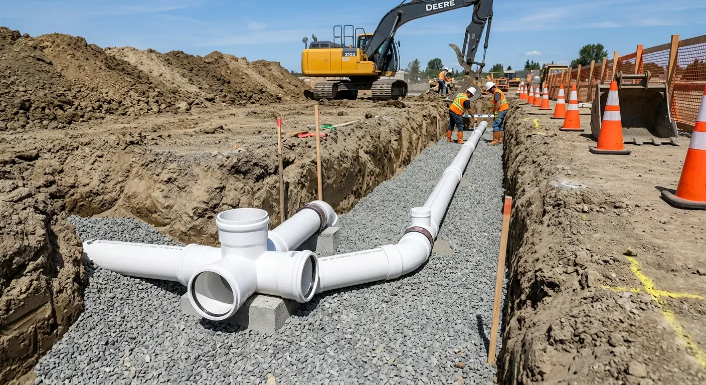 New PVC sewer pipe installation in open trench for Sewer Backup in Painesville